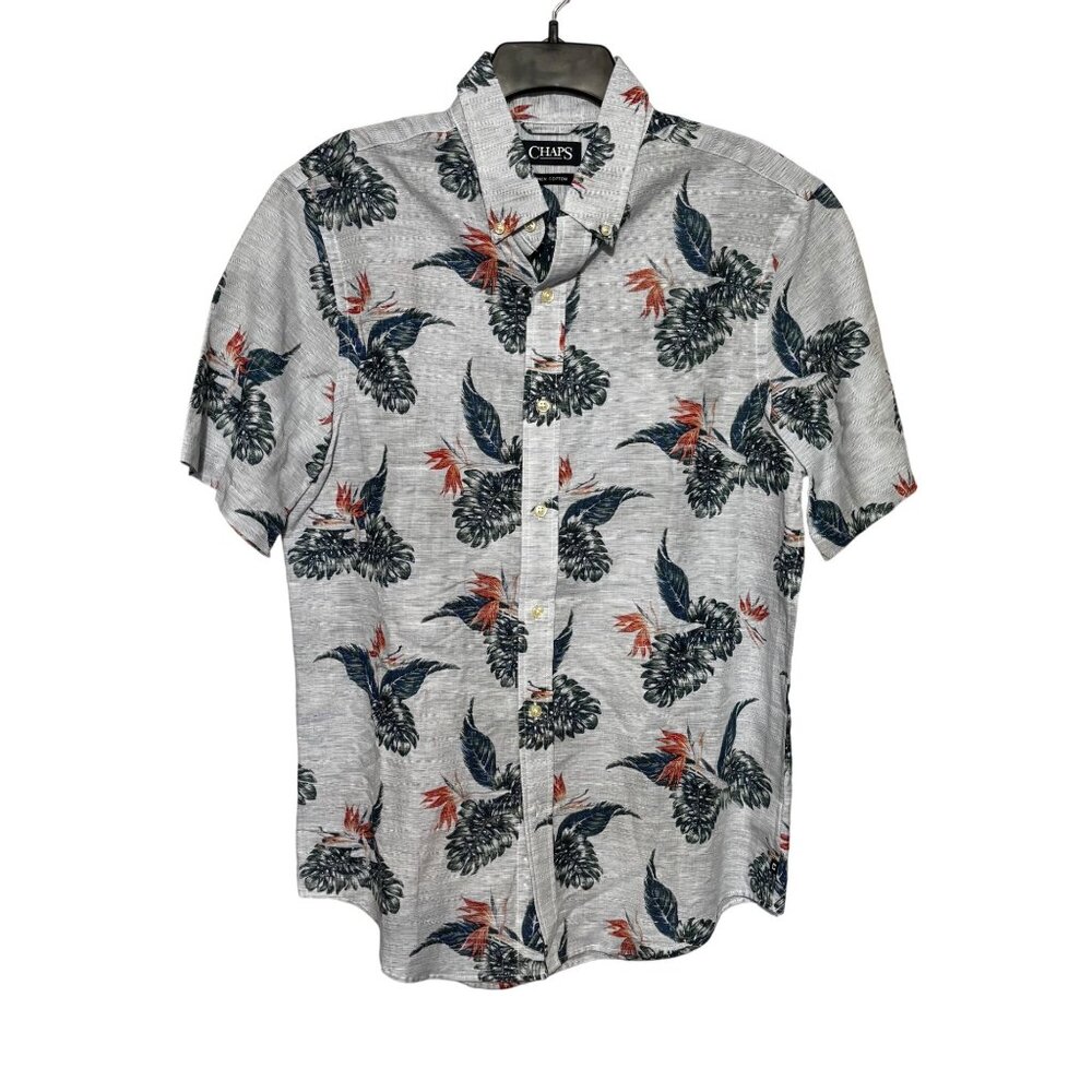 Chaps Men’s Medium Short Sleeve Linen Cotton Hawaiian Shirt With‎ Tropical Print